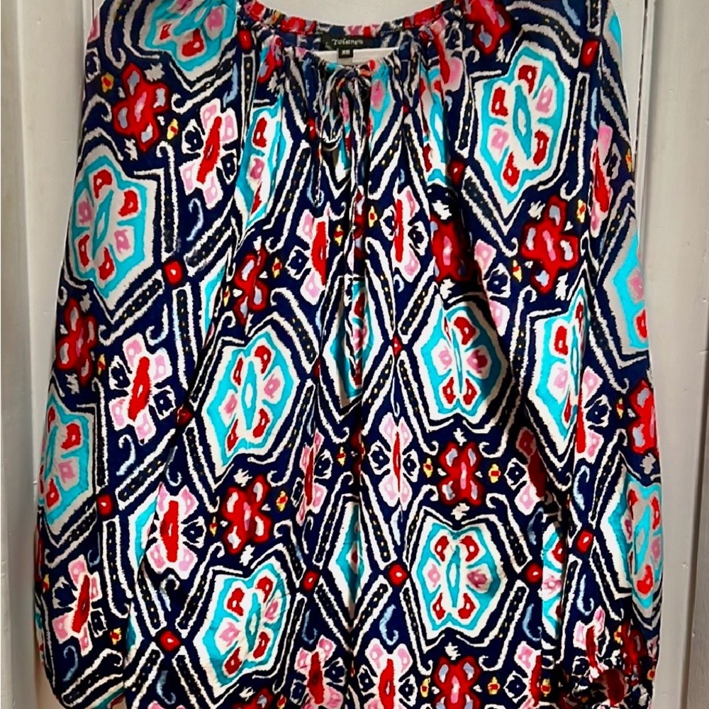 Tolani 100% Silk Tribal V-Neck Peasant Blouse